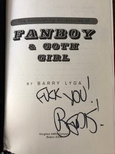 Bendis signs my own book to me: "Fuck you!"