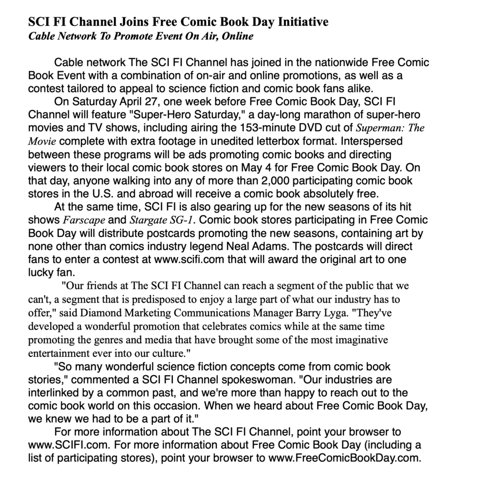 Sci-Fi Channel FCBD press release
